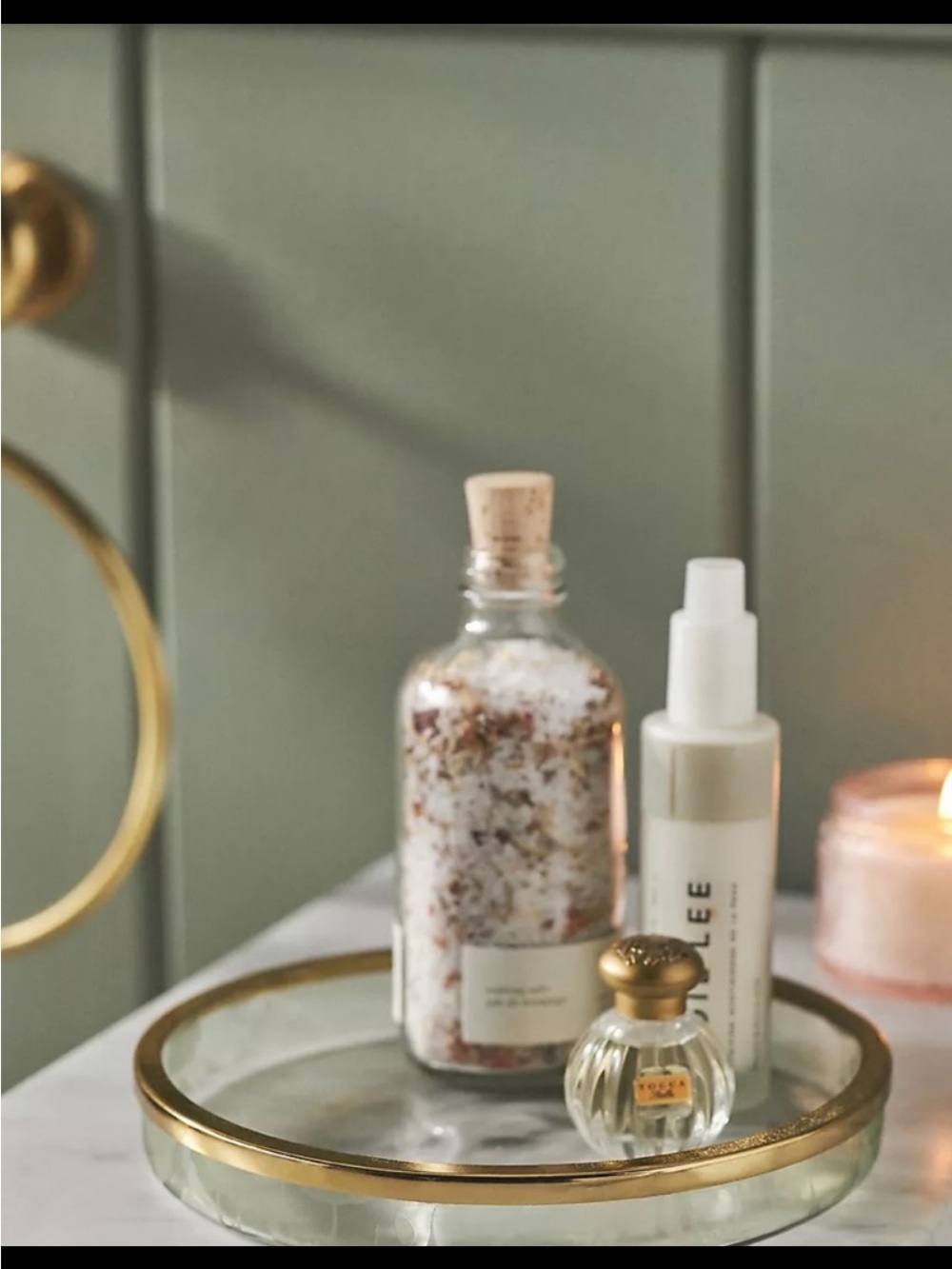 Anthropologie Floral Etched Glass 5 Piece Bath Accessories with Gold Trim. - Picture 5 of 6